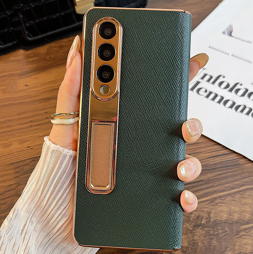 Electroplated Green Cross Pattern Leather Case For Samsung Z Fold 5 Case with Hinge Shockproof Case with Glass Z Fold 4 Braceket