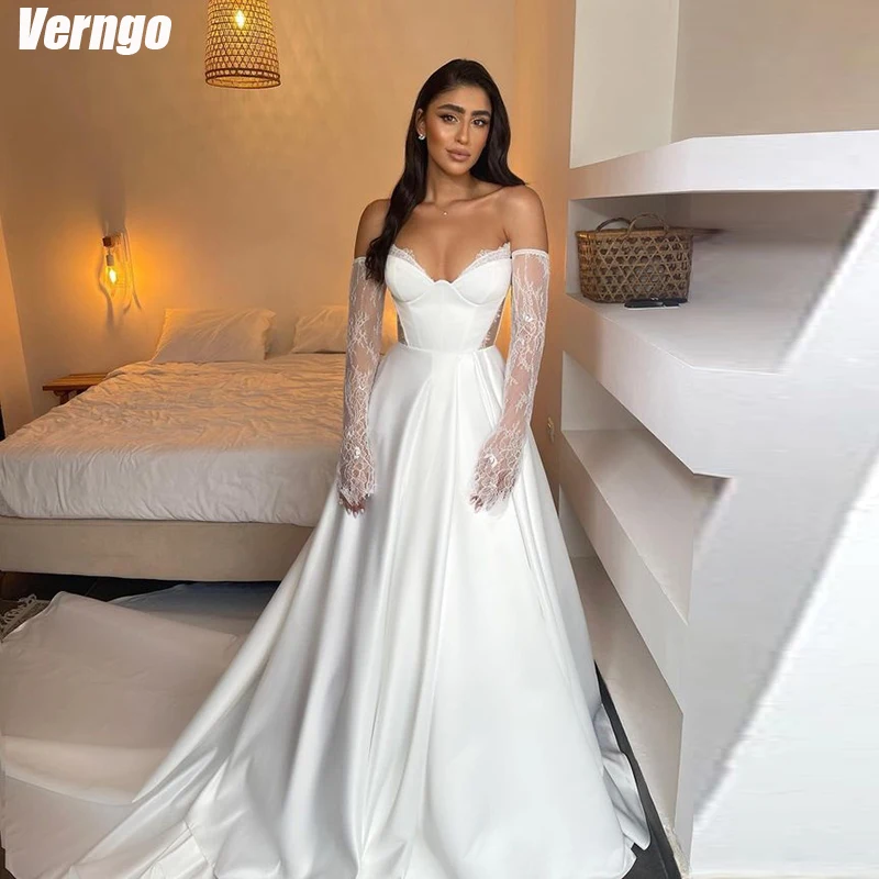 

Verngo Simple A-line Wedding Dresses Sweetheart Long Detachable Sleeves Satin Lace 2024 Women Bridals Gowns Vestidos De Novia