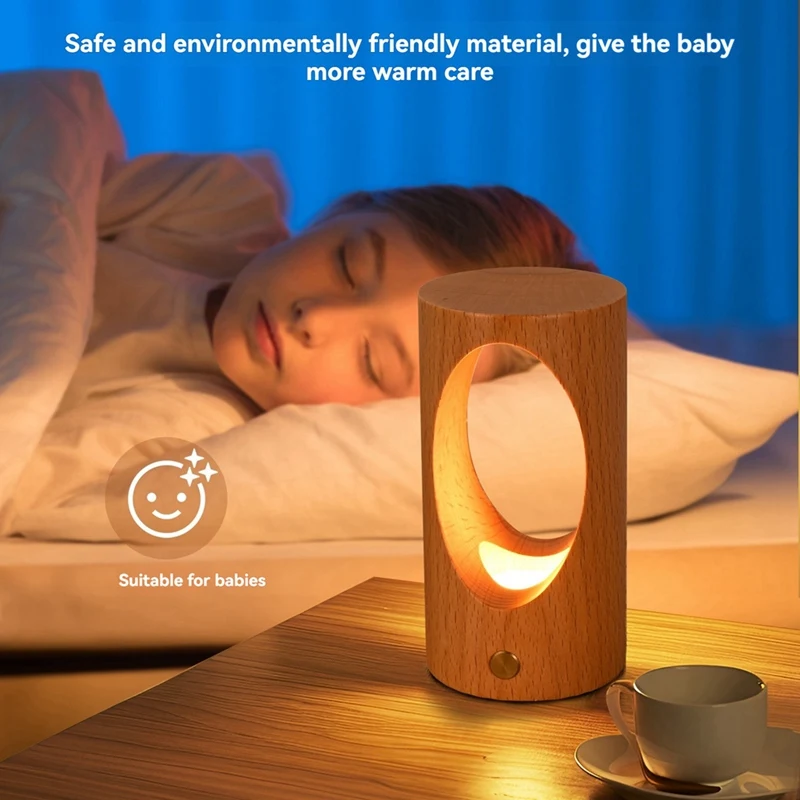 AB09-Luz noturna LED de madeira recarregável - Lâmpada de cabeceira com controle de toque para berçário e decoração de casa