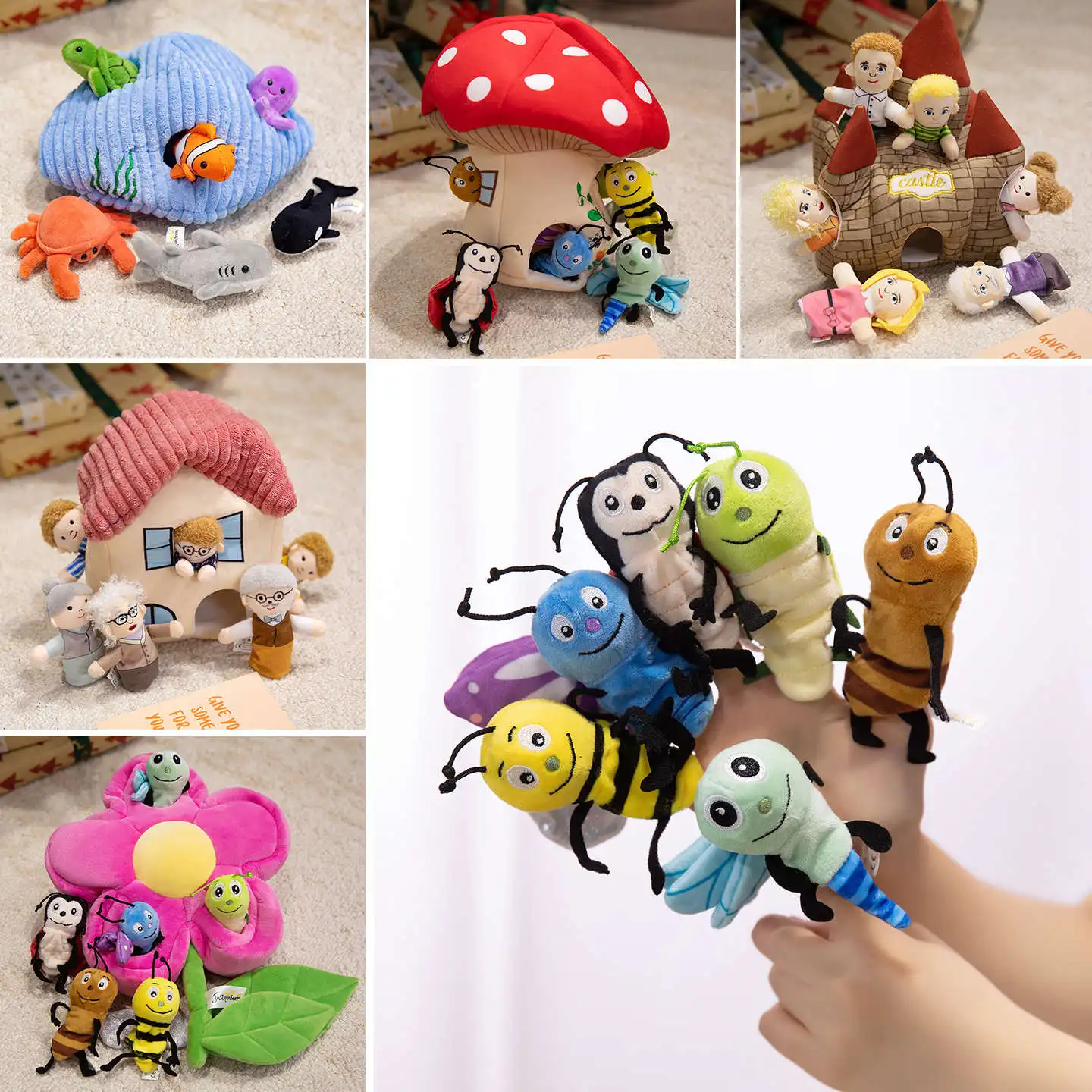 2025 Adorable Cute  Finger Doll Set Shell House Mushroom castle Flower Funny Plush Toys Boys Kids Birthday Gifts Party Decor