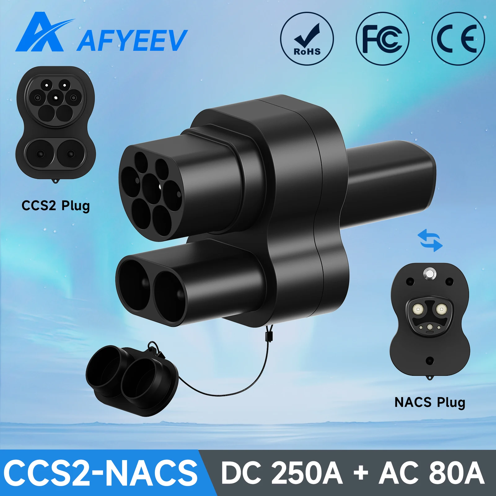 AFYEEV CCS2 to Tesla AC+DC Adapter Fit for Tesla Model 3/S/X/Y CCS2 Combo Adapter Support CCS2 Type2 EV Charger AC 80A DC 250A