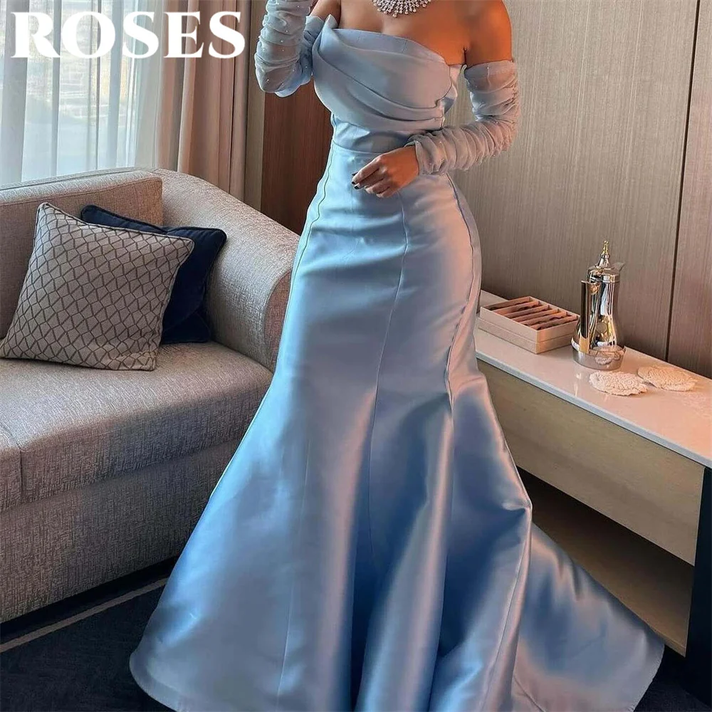 

ROSES Sky Blue Mermaid Stain Long Party Dress Ruched Off the Shoulder Night Dress Evening Celebrity Dress with Pleats Customized