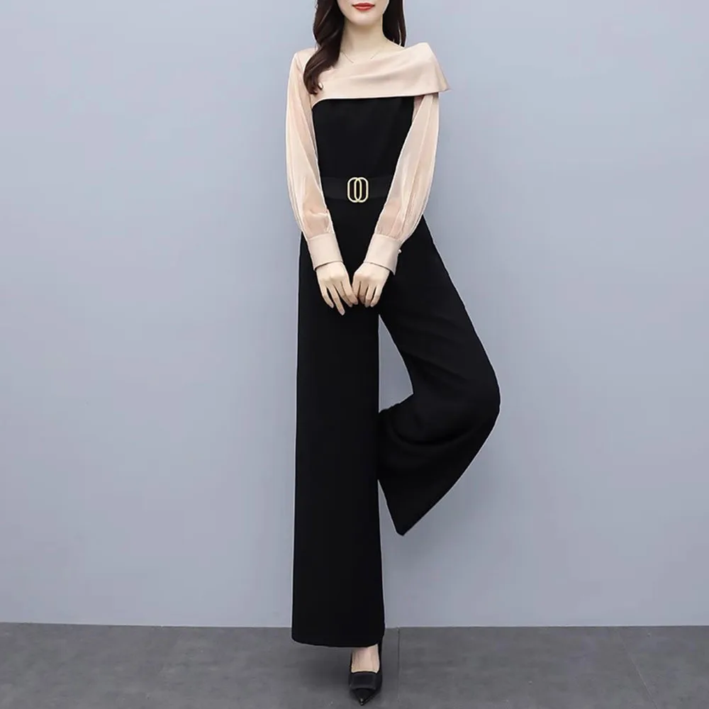 Koreaanse herfst kantoor patchwork wijde pijpen broek chique lange jumpsuit past dames losse elegante rompertjes dames casual werk met riem