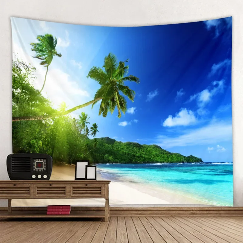 Sunny Green Tree Beach Print Wall Tapestry Cheap Hippie Wall Hanging Hohemian Tapestry Tapestry Mandala Wall Art Decorat