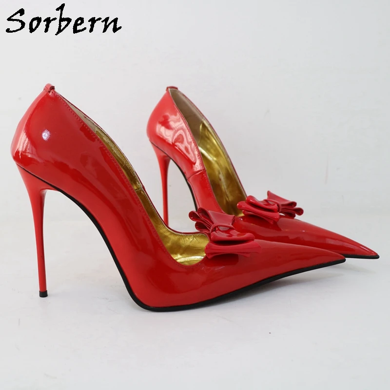 Sorbern Red Shiny Bowknot Women Pumps Long Pointed Toe Slip On Stilettos 12Cm Cigarette Heels Custom Colors Fetish Pump Footwear