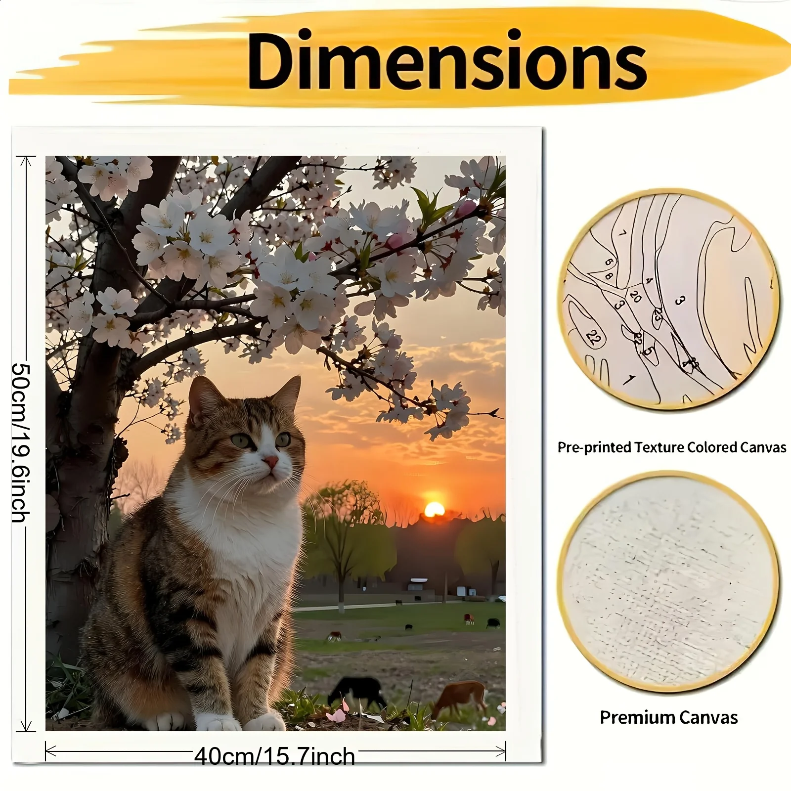 [2D Flat Frameless][Professional Art Use] 1pc Fun DIY Paint by Numbers Kit, Calico Cat Under a Tree with Sunset Reflecting on a