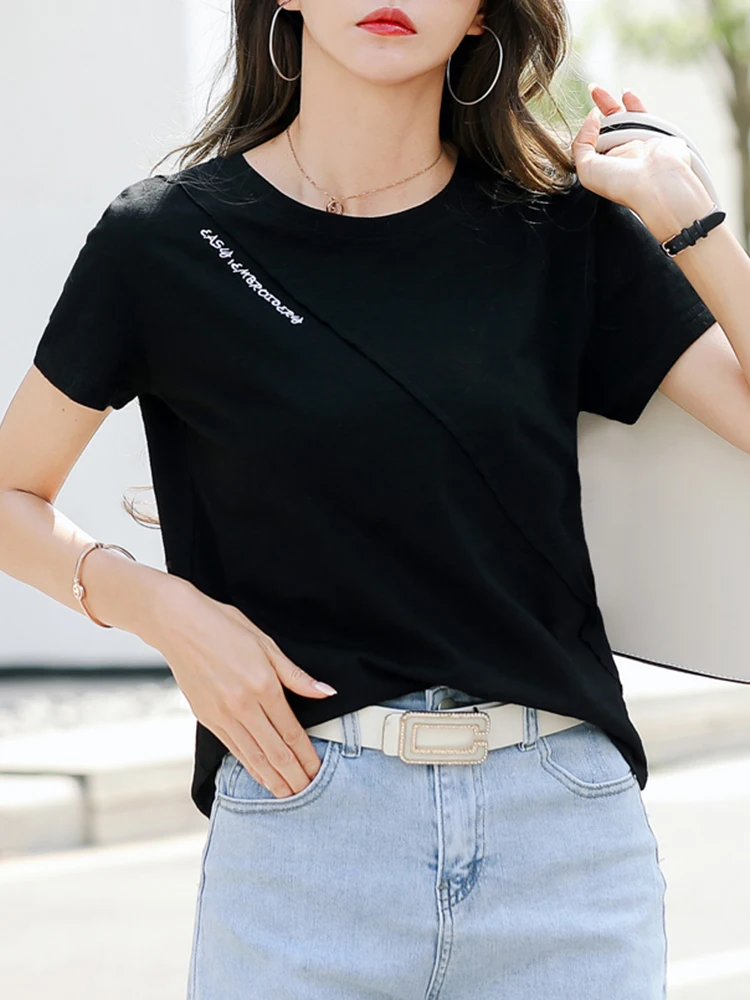 2026 Sommer T-Shirt Damen 100% Baumwolle Kurzarm-Shirts Tops O-Ausschnitt Shirt Tees Locker Sitzende Patchwork-Tops Lässig Hochwertig – Detail 10