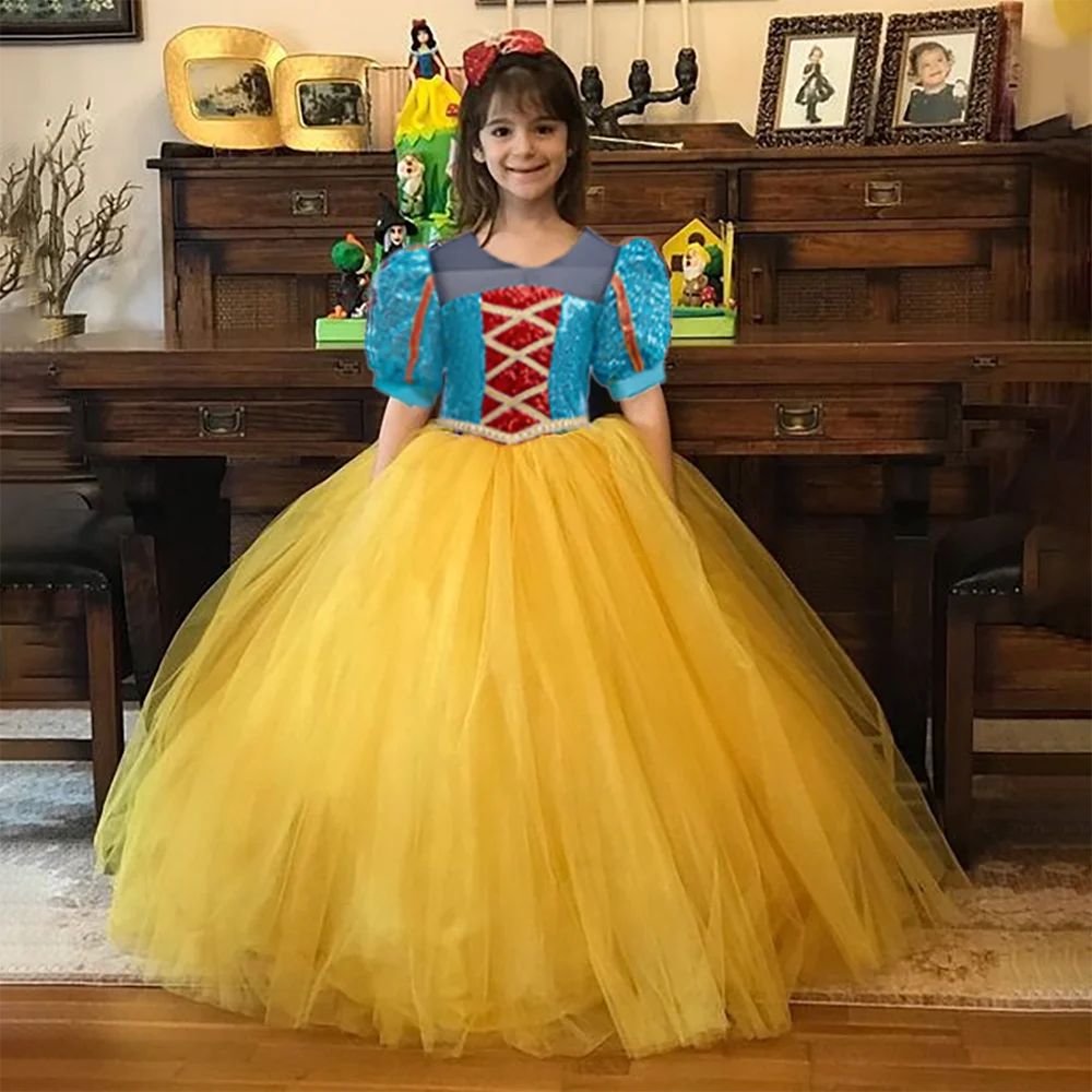 Teen Girls Snow White Tulle Party Dress Kids Sequin Evening Prom Gown Girl Long Fluffy Birthday Dresses Children Fashion Costume