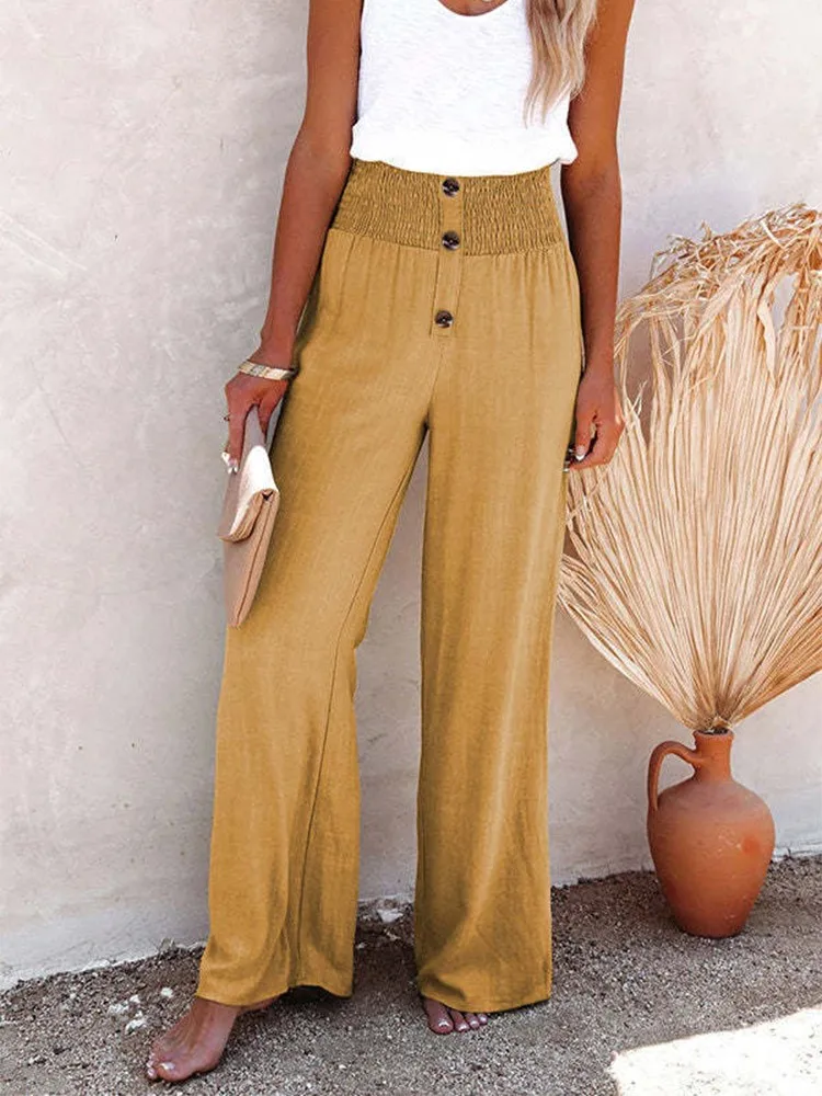 Primavera e verão feminino nova cor sólida algodão linho elástico solto casual calças femininas de perna larga moda férias