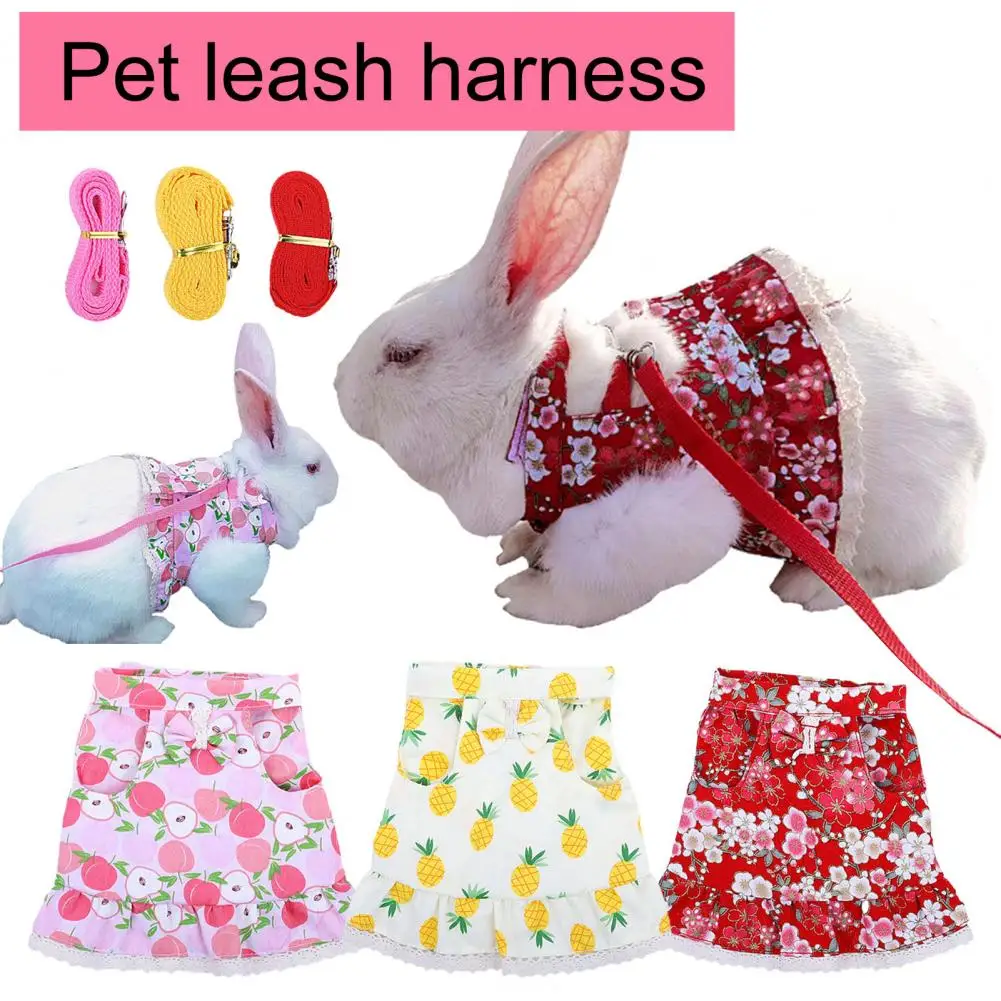 

1 Set Rabbit Clothes Leash Lace Hem Bowknot Peach Print Pet Rabbit Hamster Traction Rope Pet Supplies Hamster Harness Dress