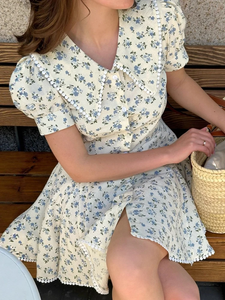 Tossy Elegant Printed Mini Dress For Women Peter Pan Collar Puffed sleeves Princess Style Contrast High-Waist Party Female Dress