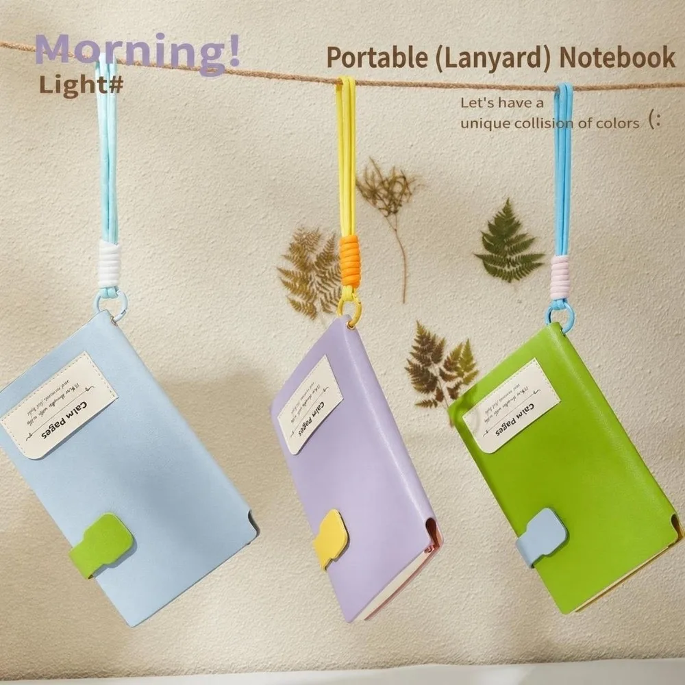 Portable A6 Notebook Lined Paper Color-blocking Lined Notebook Snap Button Closure with Lanyard Pocket Memo Book Student