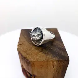 classic stereoscopic Embossed design cute cat rings for women and men silver 925 retro adjustable ring party jewelry gift