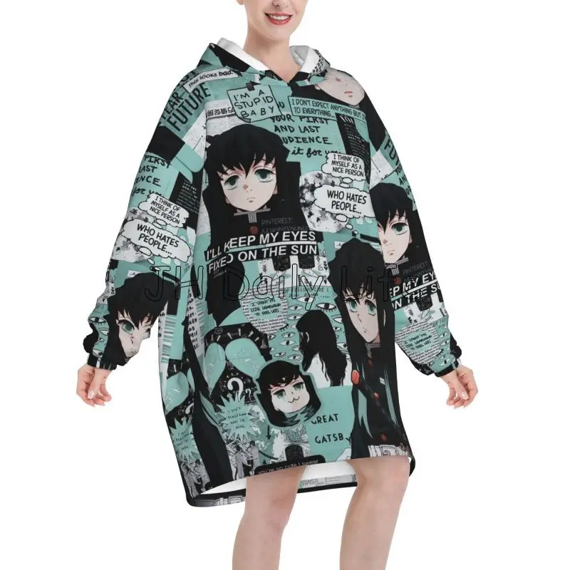 Cute Anime Muichiro Tokito Blanket Hoodie Women Wearable Oversized Pullover Soft Warm Cozy Fleece Sherpa Blankets with Pockets