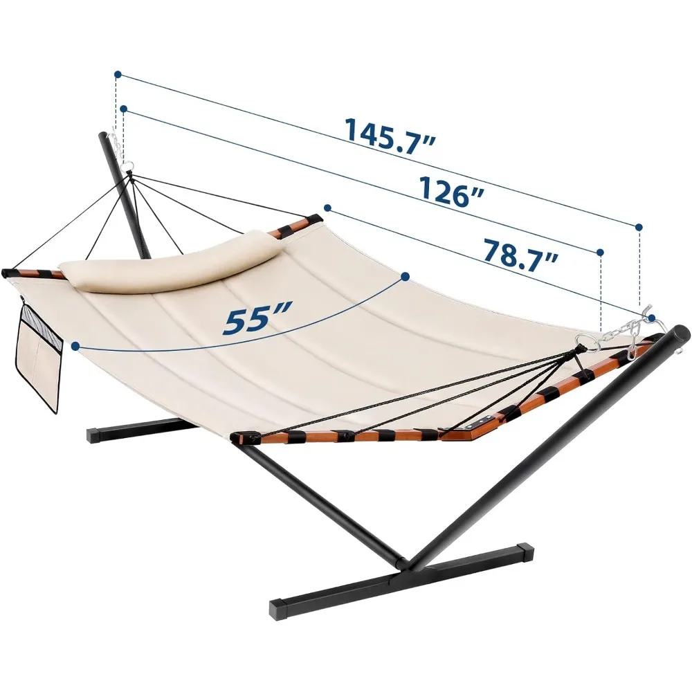 Hammock with Stand, Hardwood Spreader Bar & Nylon Rope, 450LB Lbs LBS Capacity, 12FT Double Hammock