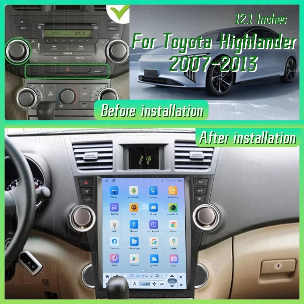 12.1inch Car Radio For Toyota Highlander Kluger 2008 - 2013 Wireless Bluetooth CarPlay Touch Screen Multimedia Video Player