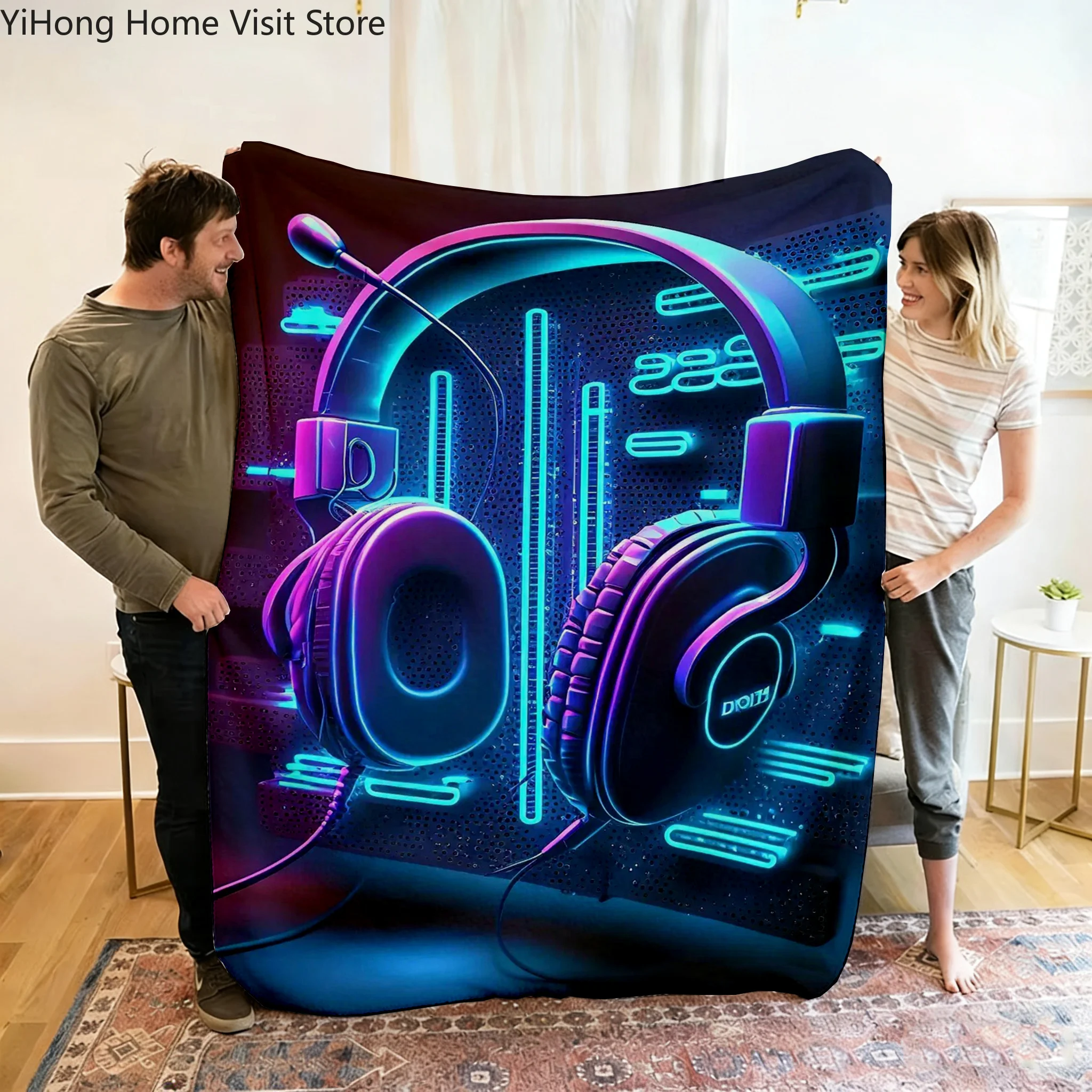 Live Music Neon Headphones Printed Flannel Blanket Perfect for Sofa Office Bed Travel Sleep Read Relax Camping four season use