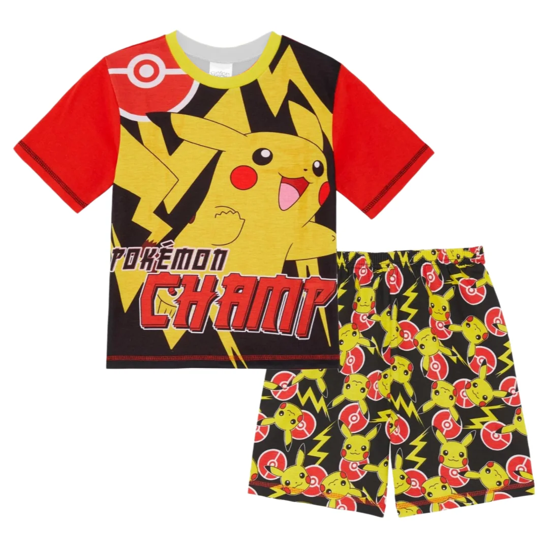 Potdemiel Pikachu The Champion Pijama Conjunto de camiseta y pantalones cortos para adultos y niños, conjunto deportivo familiar de verano, de secado rápido, suave, cómodo y ligero
