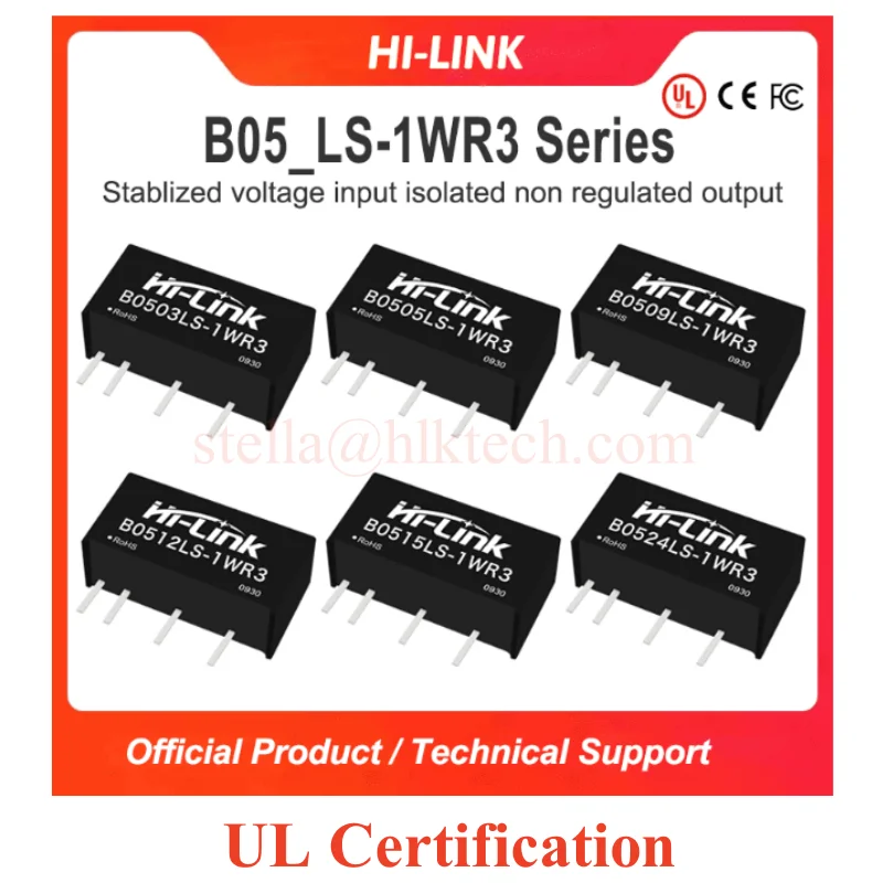 UL B0505LS-1WR3 B0503LS-1WR3 B0509LS-1WR3 B0512LS-1WR3 B0515LS-1WR3 B0524LS-1WR3 1W DC DC 5V 3.3V 9V 12V 15V 24V Hi-Link power