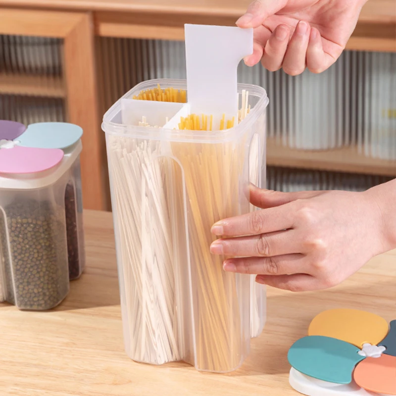 4 Grids Plastic Cereal Storage Box Sealed Container Moisture-proof Grain Tank for Spaghetti Fresh Keeping Jar Kitchen Use