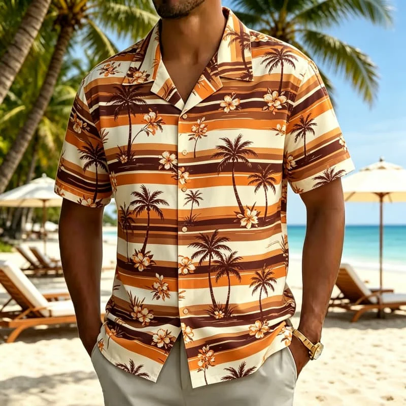 Men's striped tropical element printed Hawaiian shirt, for beach leisure, family travel, daily styling, and summer outings