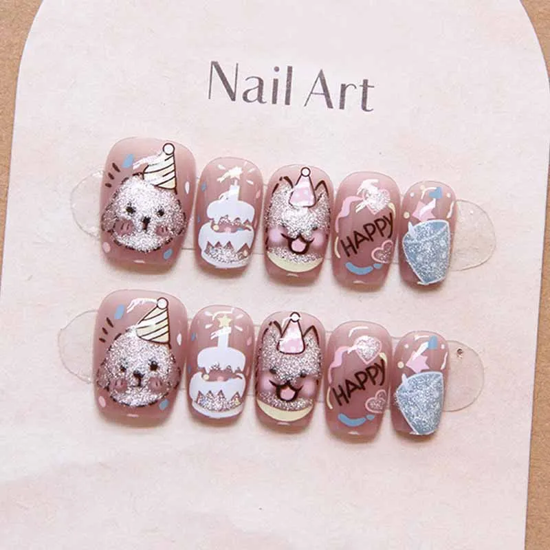 10Pcs Ladies Cute Cat Meow Print Press on Nails Detachable Cute Fake Nails Kitten Detachable Nail Art Nail Patch Short Nail Art