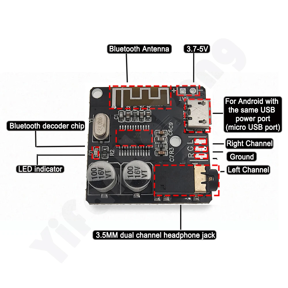 Compatível com Bluetooth MP3 Receiver Decoder Board, VHM-314, Suporte Micro Interface, Conexão Automática, Saída de Áudio Estéreo