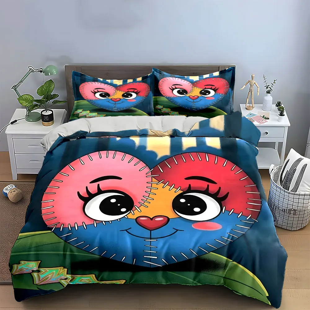 3Pcs Whimsical Heart Bedding Set, Cute Stitched Patchwork Heart with Big Eyes Print Duvet Cover, Playful Bedroom Decor