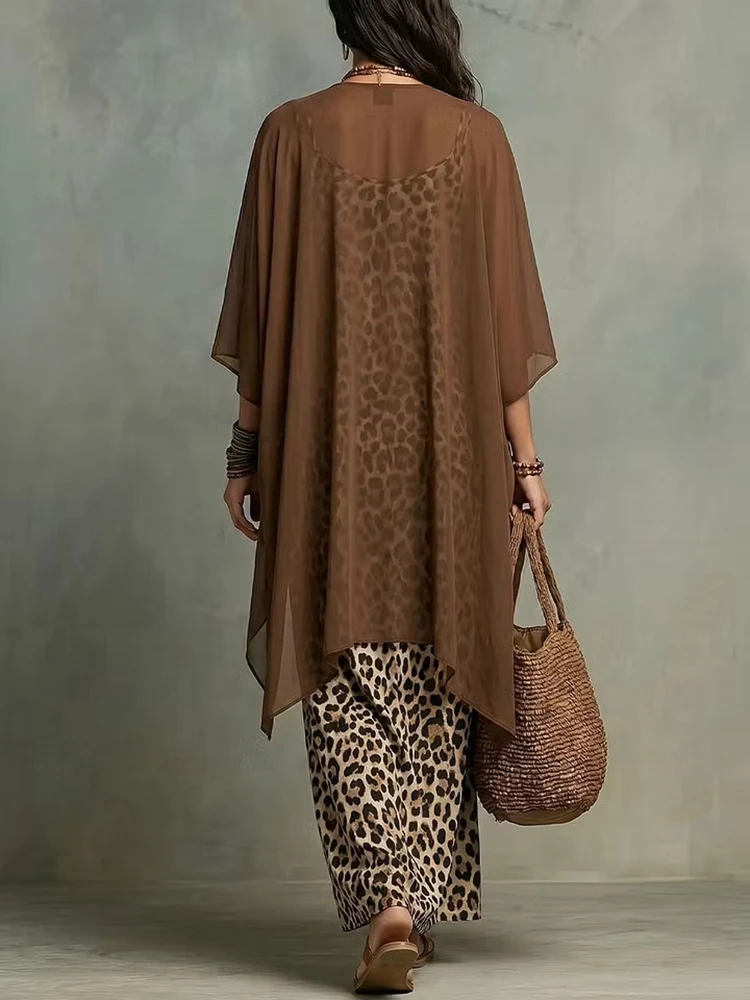 Vintage Leopard Printed Long Dress Outfits Sexy Off Shoulder Spaghetti Strap Dress & Cardigan Set Casual Cover up Matching Suits