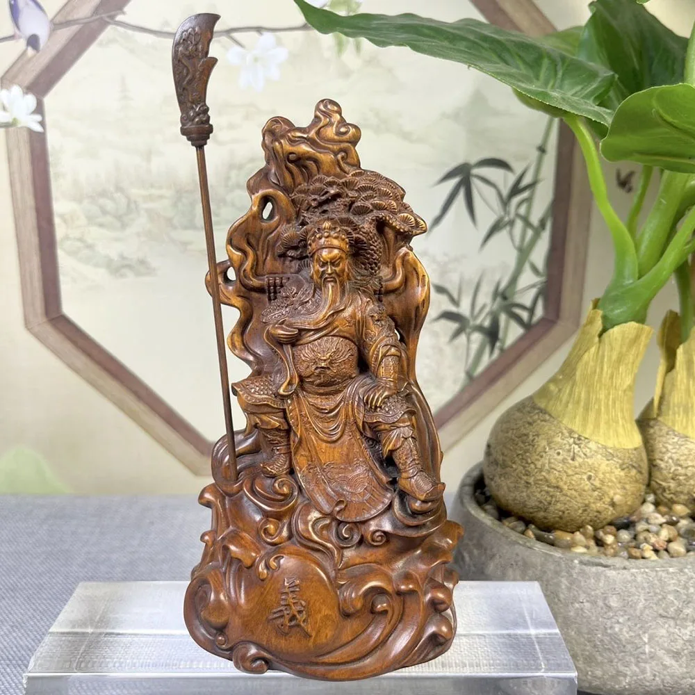 Guan Yu Warrio Boxwood Figurine Carving God of Wealth Feng Shui Sculpture Live Room Decor