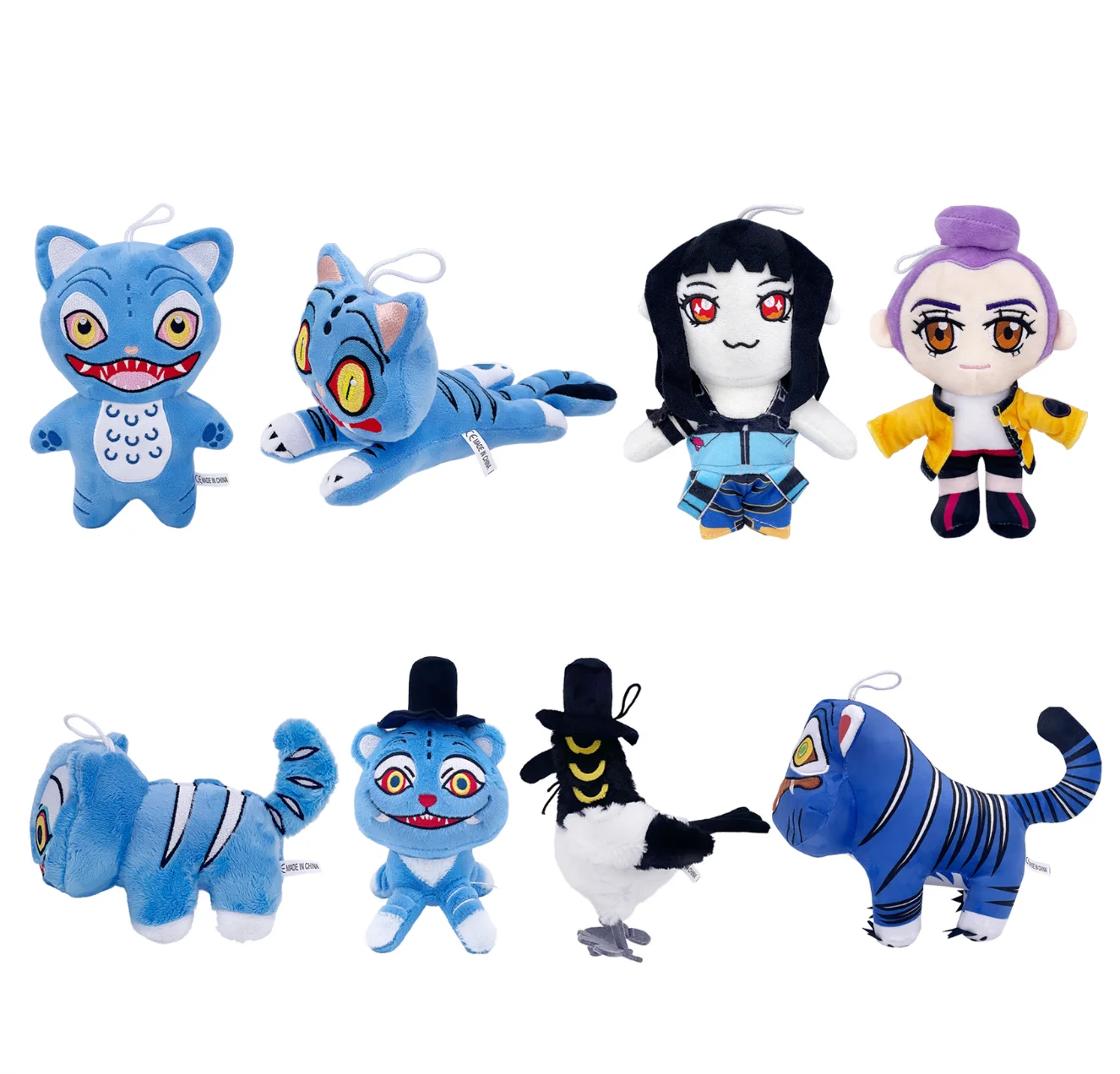 Anime K-Pop Devil Hunter Plüschtier, süßer lila Tiger mit schwarzem Hut, 3-Augen-Elster, Monster, Jagd, Mädchen, Gruppenpuppe, Sammlerstück, GIF