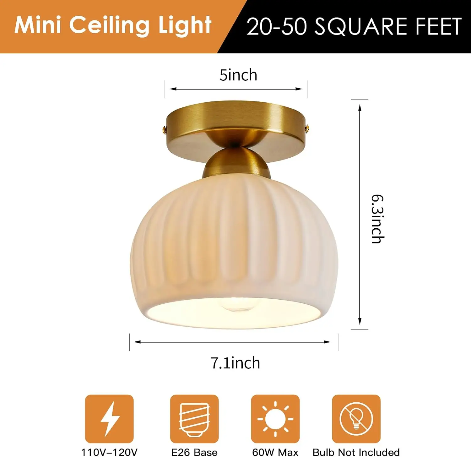 Vintage Ceramic Semi Flush Ceiling Light, 2 Pack, Gold & White Globe for Hallway, Kitchen, Entryway