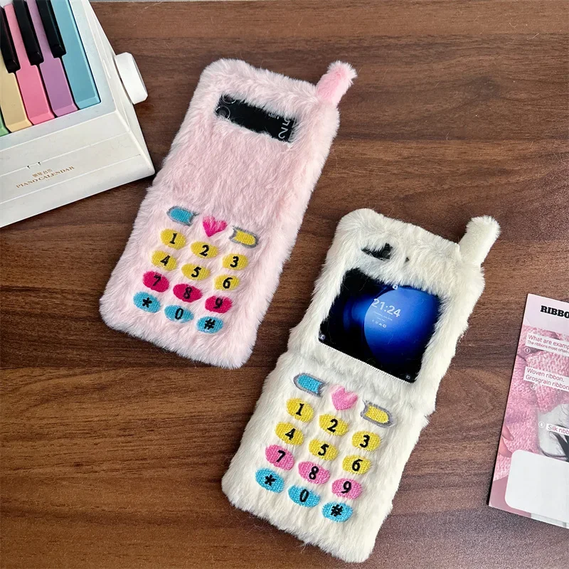 Plush Keyboard Phone Case for Samsung Galaxy Z Flip 6 5 4 3 Protective Back Cover for ZFlip4 ZFlip5 ZFlip6 Case