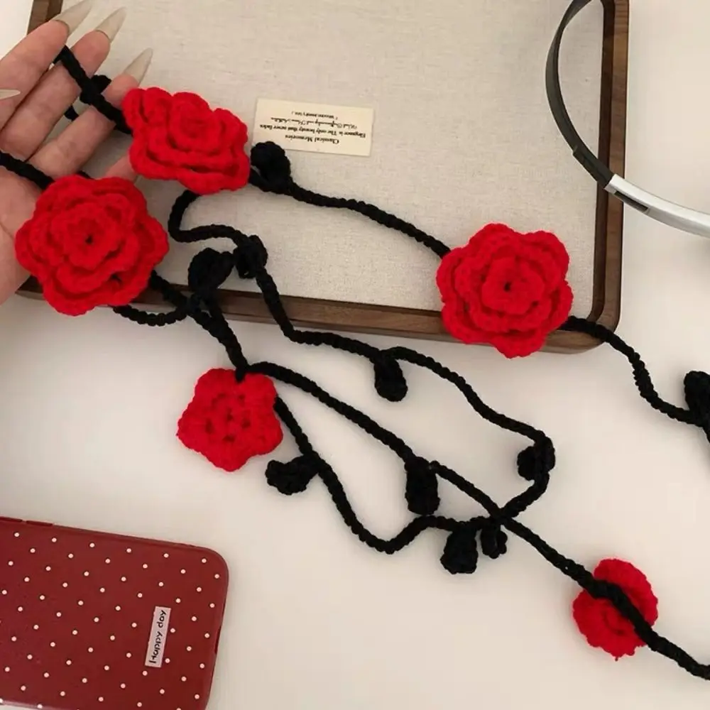 

Sweet Korean Style Flower Knitted Scarf Wool Crocheted Rose Flower Shawl Elegant Thin Long Narrow Scarves Outdoor