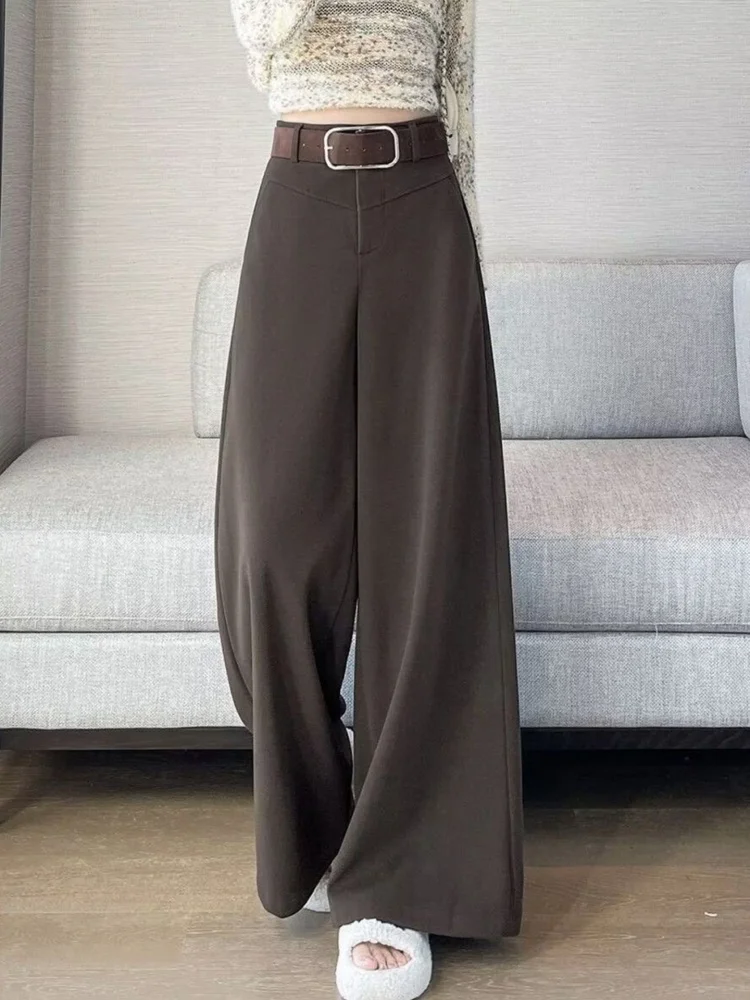 High-End-Wollanzughose Damen Retro-Hose mit Gürtel Herbst Winter Hose mit weitem Bein Dra Straight Freizeithose