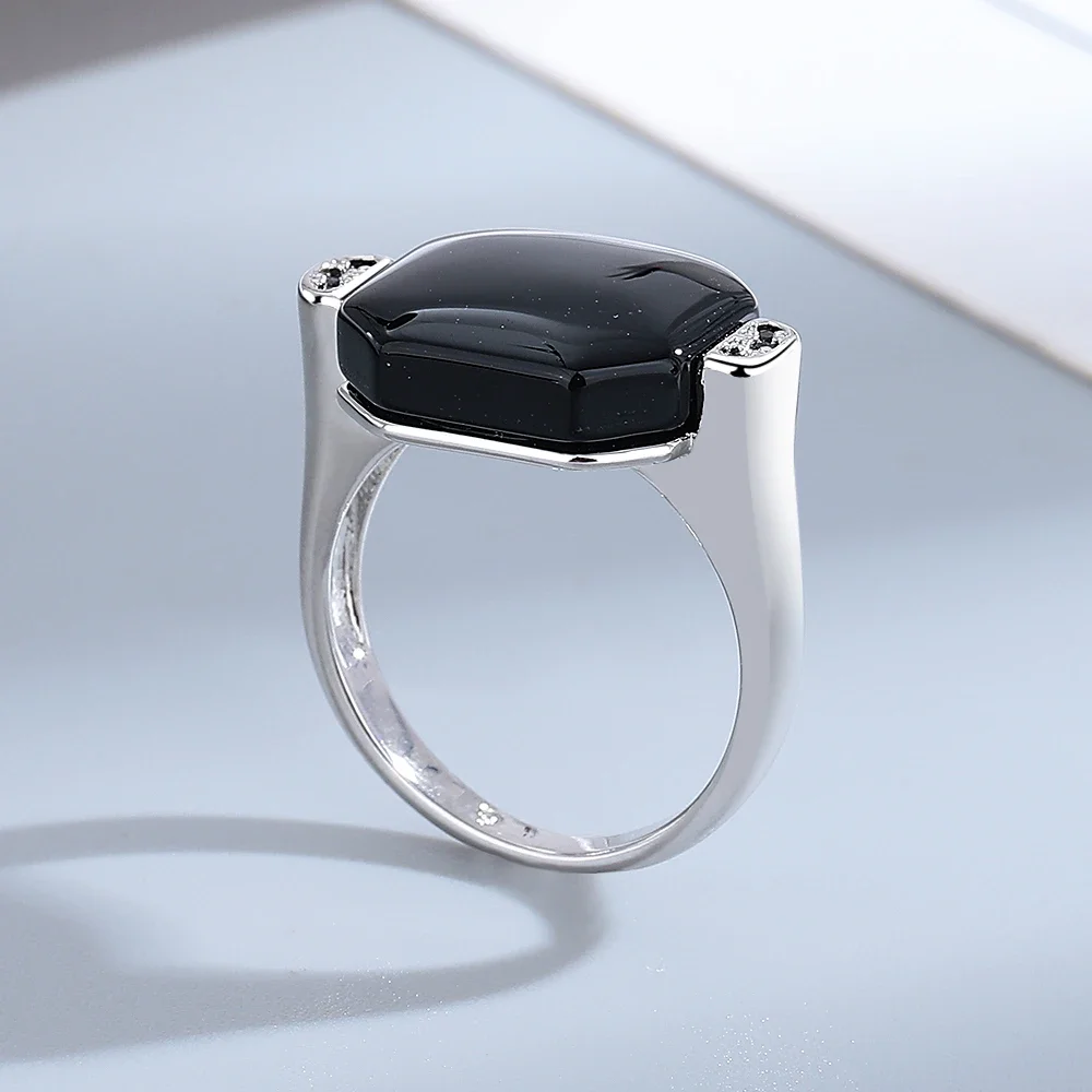 

S925 Silver Jewelry Ring Natural 13*12mm Octagon Big Black Agate Stone Vintage Ring For Women Party Gifts