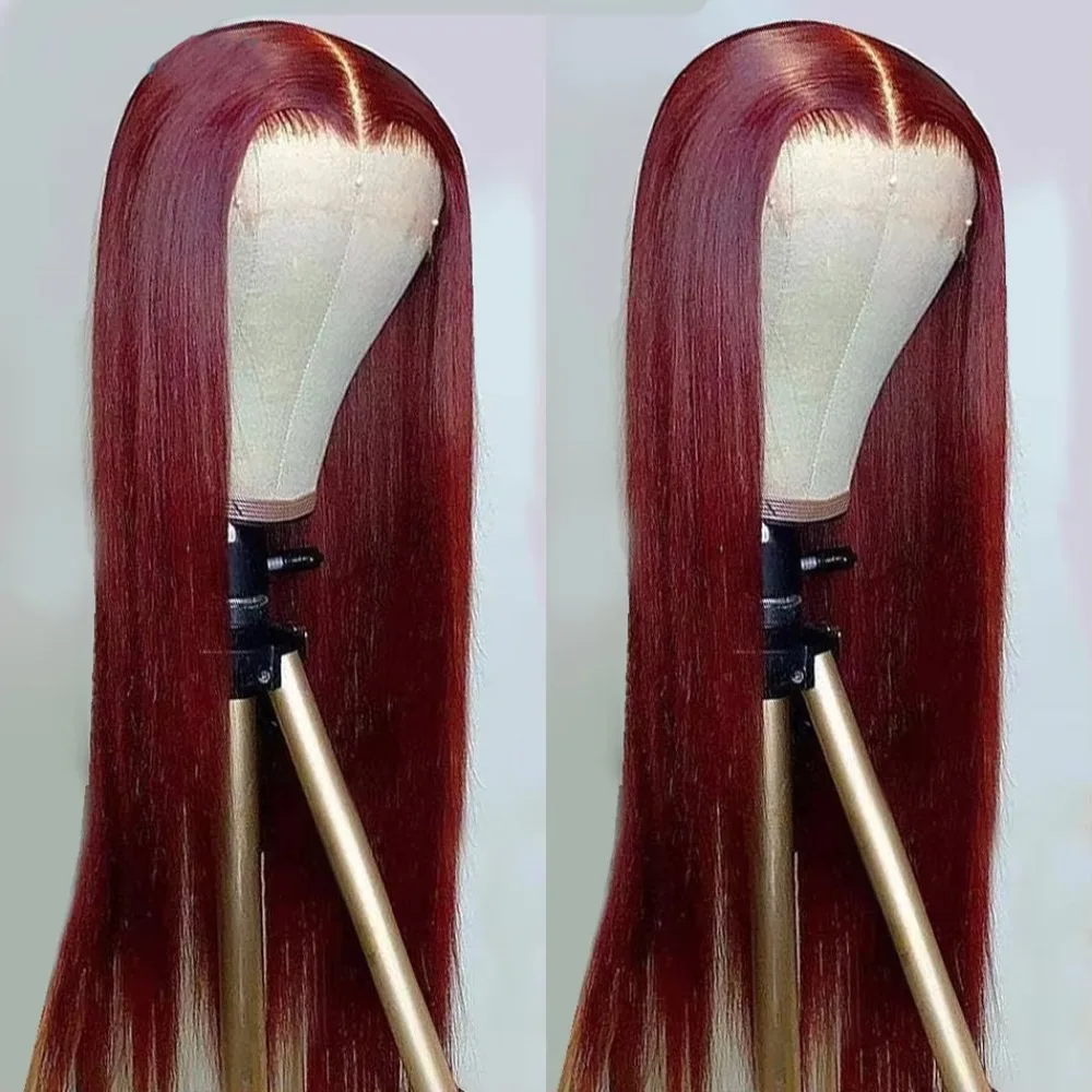 Wig lurus berwarna Burgundy 99j Wig 180 ketebalan transparan renda Frontal rambut manusia Wig 13x6 renda Frontal Wig manusia untuk wanita