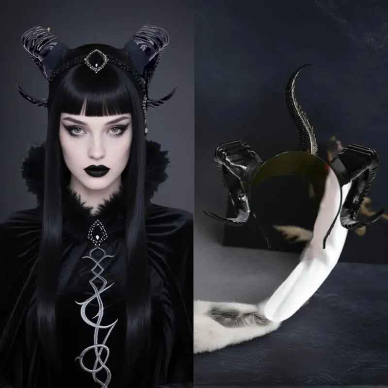 Devil Sheep Antelope Horn Gothic Headdress, Role-Playing Hairband for Girl Boy, Ideal Halloween Party Costume Accessory