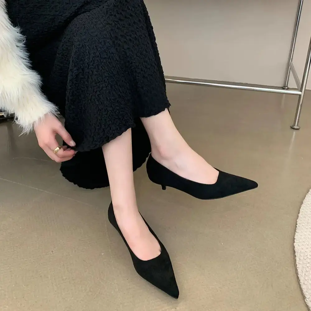 Flock Women Pumps Pointed Toe Leopard/Black Fashion Dress Shoes Thin Mid Heels Slip On Office Pumps Shoes Woman Size 35-39