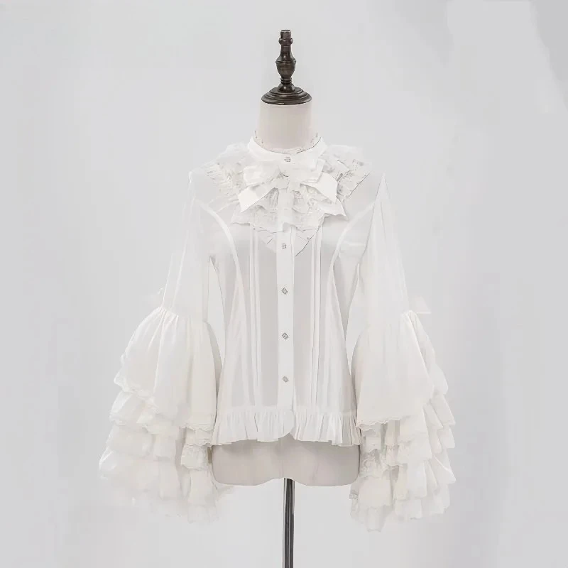 

Lolita Sweet Girl Long Sleeve Inner Shirt Spring and Autumn New Bow Lace Trim Cute Versatile Solid Color Single-Breasted Top