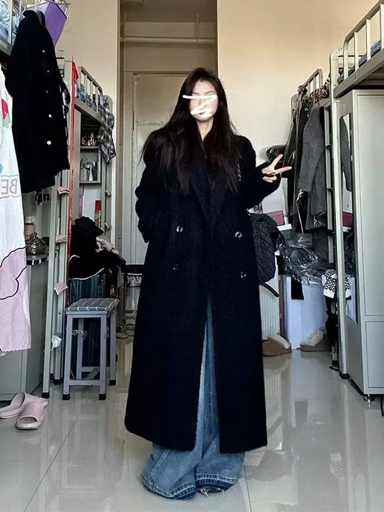 

Черная куртка из искусственной шерсти, женская зимняя толстая теплая двубортная длинная куртка Y2K, женская корейская элегантная смешанная верхняя одежда в стиле Хепберн