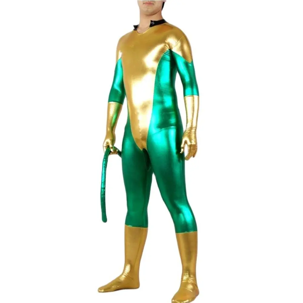 

Блестящий металлический комбинезон для косплея, мужской комбинезон из зеленого и золотого спандекса, сценические и вечерние костюмы для взрослых и детей