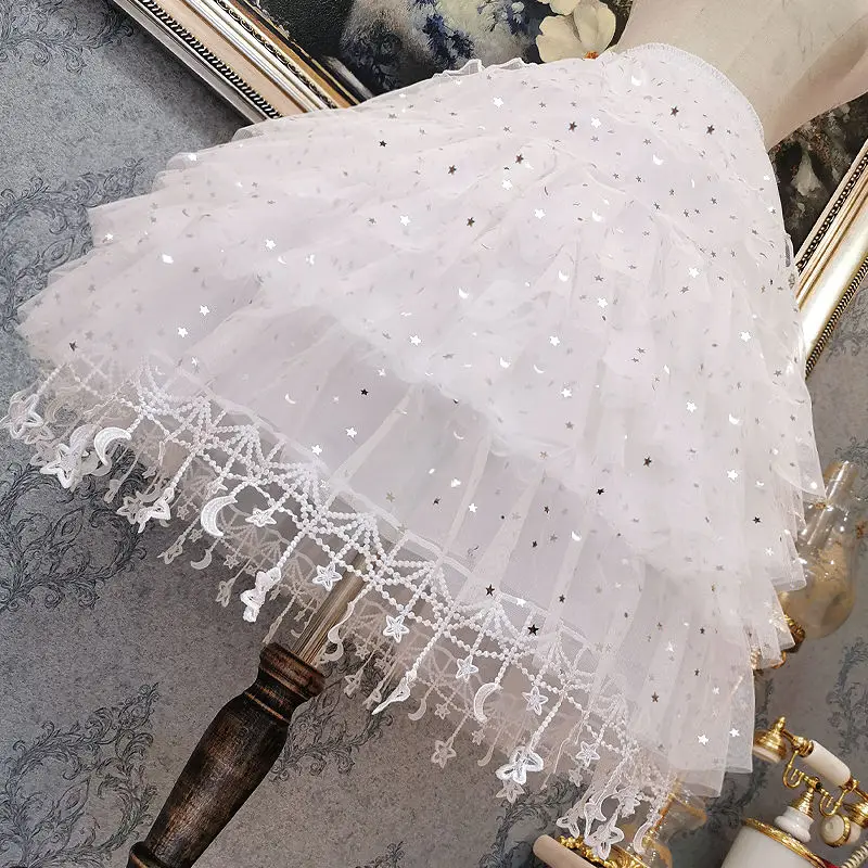 Stars Moon Tassel Women Petticoats Fluffy Bubble Tutu Skirt Crinoline Violent Daily Adjustable Fish Bone Underskirt Tulle Skirt
