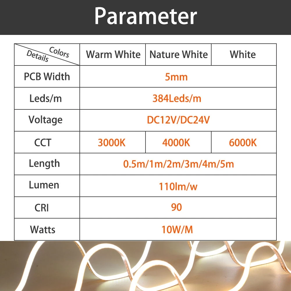 Thin 5mm FOB COB LED Strip 384LEDs/m Soft Flexible Light Bar Warm Cold White RA90 High Bright 3000K 4000K 6000K DC12V/24V