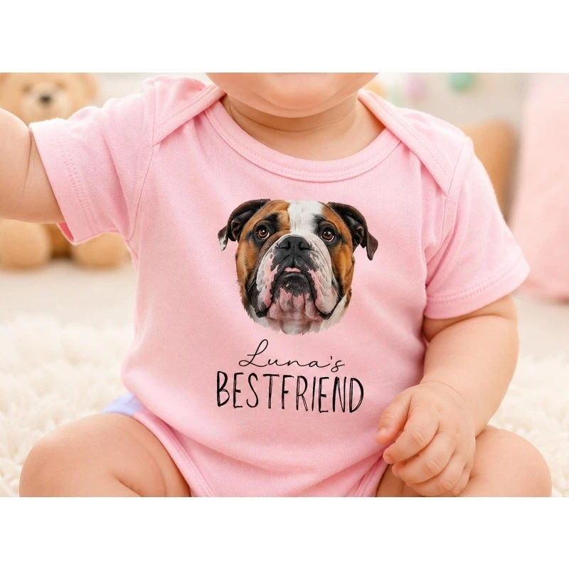 Custom Pet Portrait Baby Bodysuit, Personalized Dog Cat Onesie with letter Text, Romper for Pregnancy Announcement Baby Shower