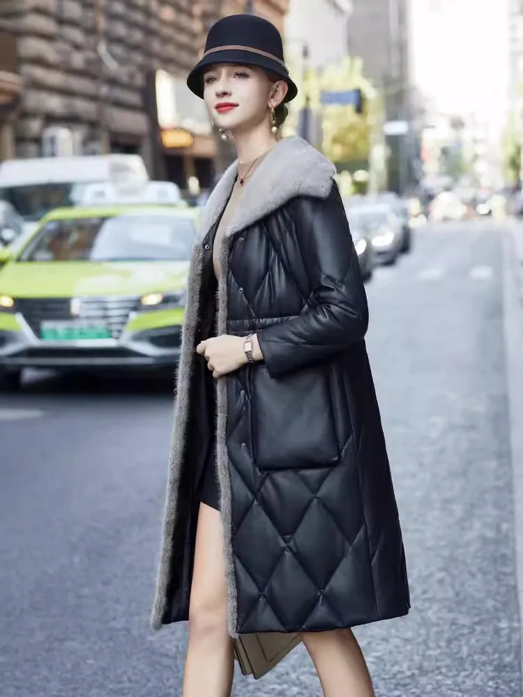 Winter Office Ladies Warm Long Sheepskin Genuine Leather Down Jacket Slim Fit Mink Fur Collar Overcoat Women Thick Trench Coat