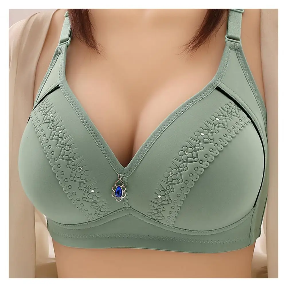 

Mid-aged Women Bra Back Closure Wireless Soft Breathable Rhinestone Decor Elastic Anti-snagging Breast Support Strap Bra