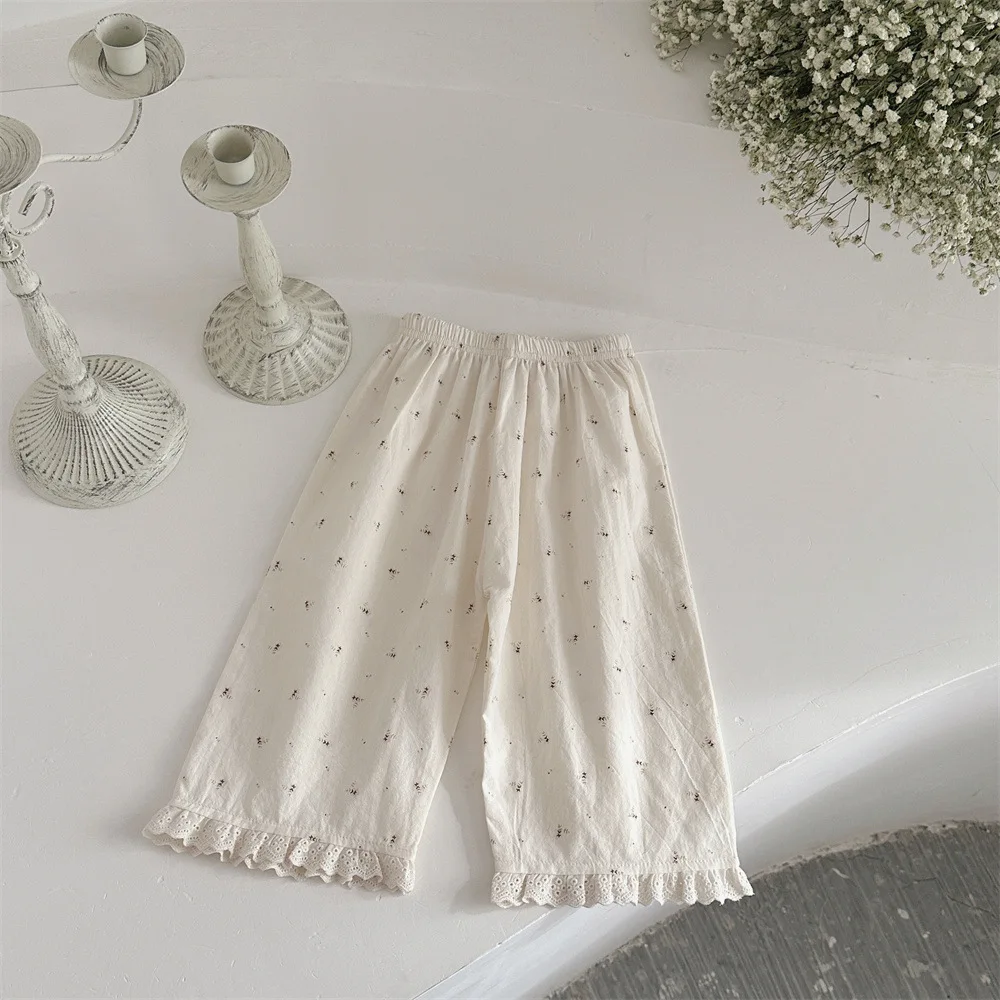 Spring Autumn Girls Pants 0-3Y Baby Children's Wide Leg Pants Toddler Floral Lace Pants Infant Simple Loose Casual Trousers