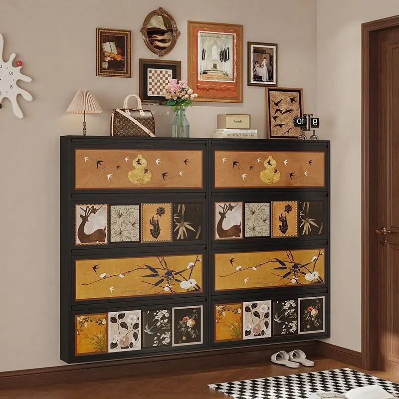 

The entrance door is extremely narrow against the wall, and the medieval style storage cabinet is closed