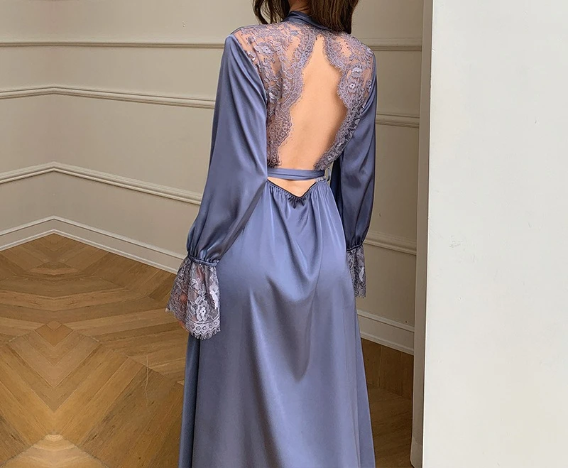 Satin-Chiffon Pyjama für Damen, Sommer-Dünnes Nachthemd mit Spitzenbesatz, Elegantes Rückenfreies Langes Nachthemd